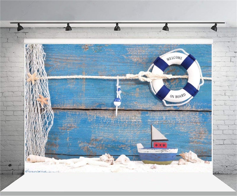 AOFOTO 7x5ft Nautical Style Backdrop Mariner Seafaring Photography Background Wood Board Ship Life Buoy Shell Boat Kid Sailor Baby Artistic Portrait Photo Shoot Studio Props Video Drop Wallpaper Drape - Image 2